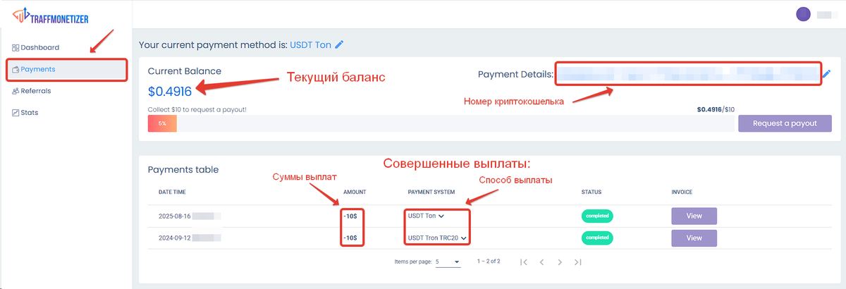 TraffMonetizer: раздел Payments — текущий баланс, адрес кошелька USDT (TRC-20), история выплат и кнопка запроса на вывод