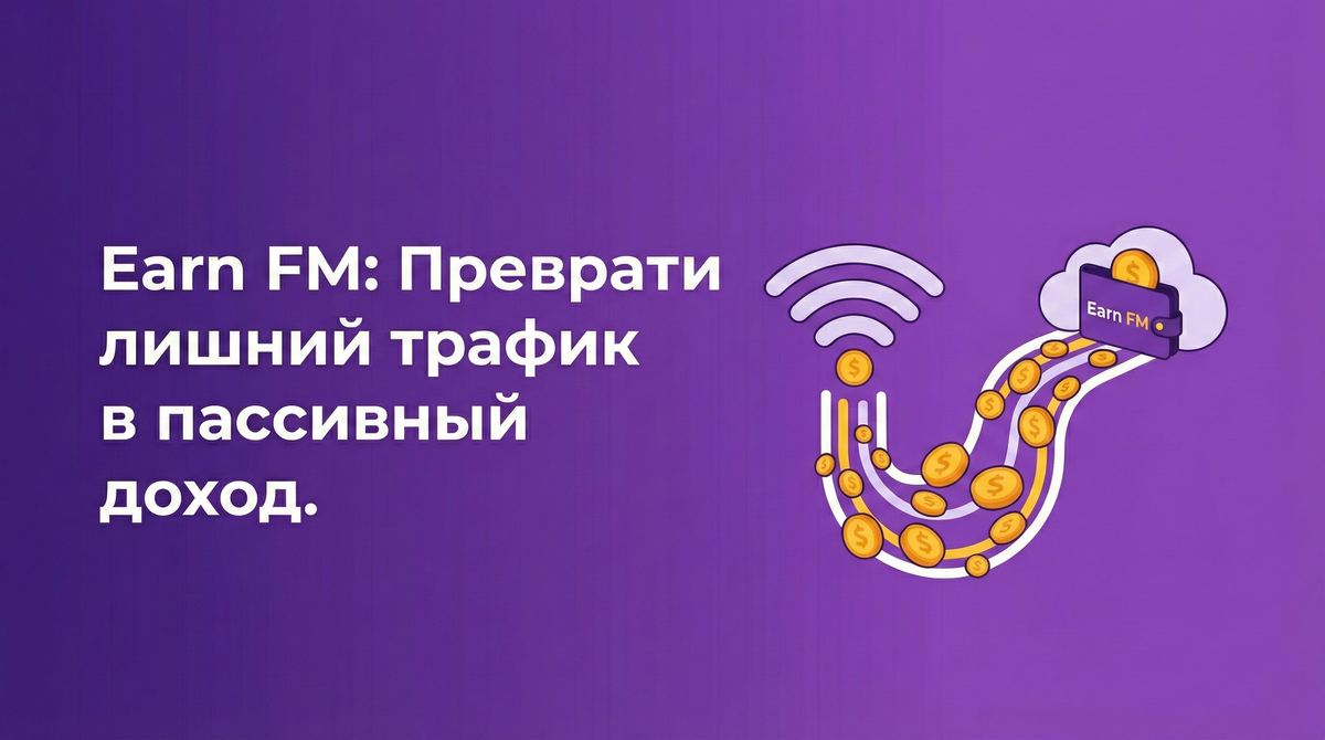 Заставка сервиса Earn FM: облако с кошельком, значок Wi-Fi и поток монет, символизирующий превращение лишнего интернет-трафика в пассивный доход